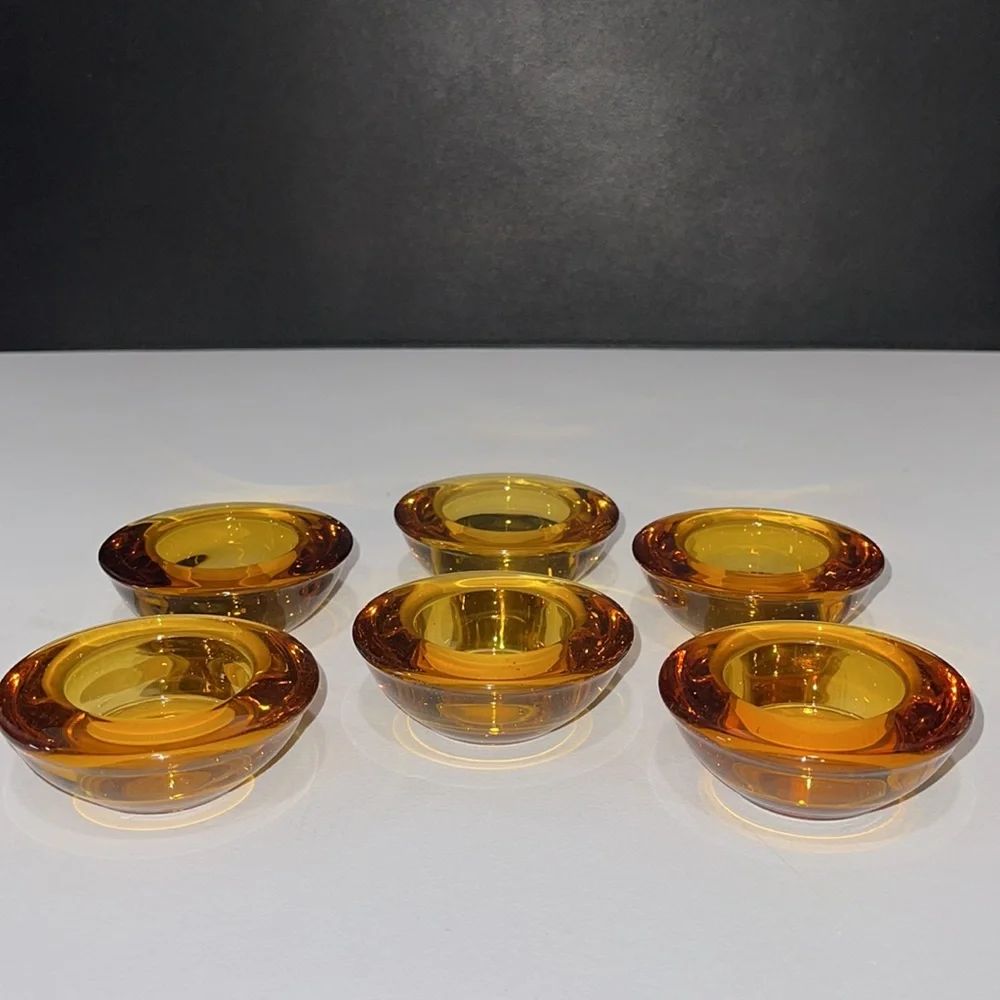 Crate & Barrel Candle Holders Yellow Amber Glass Votive Tealight Set of 6